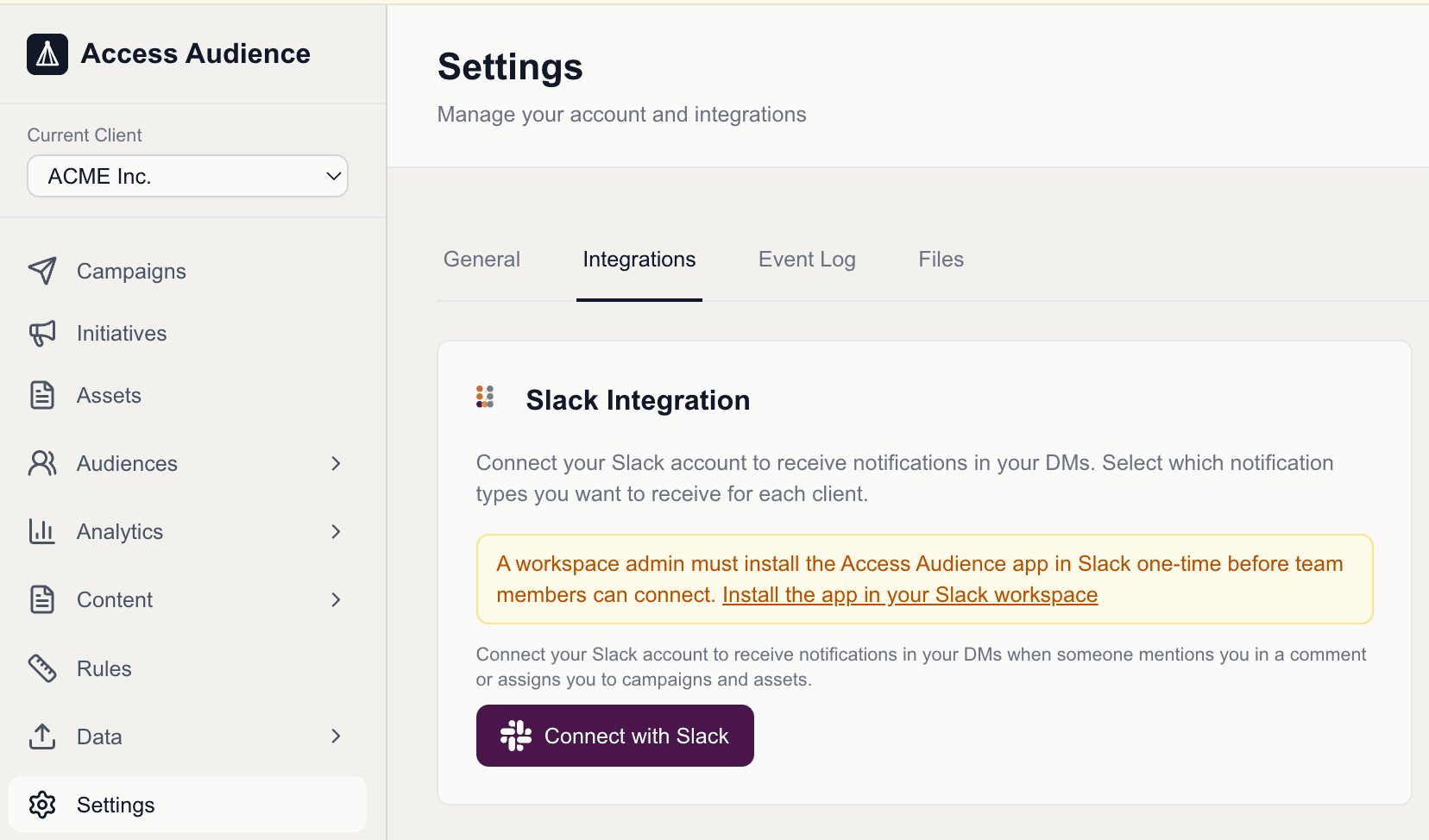 Settings Integrations page showing the Slack installation prompt