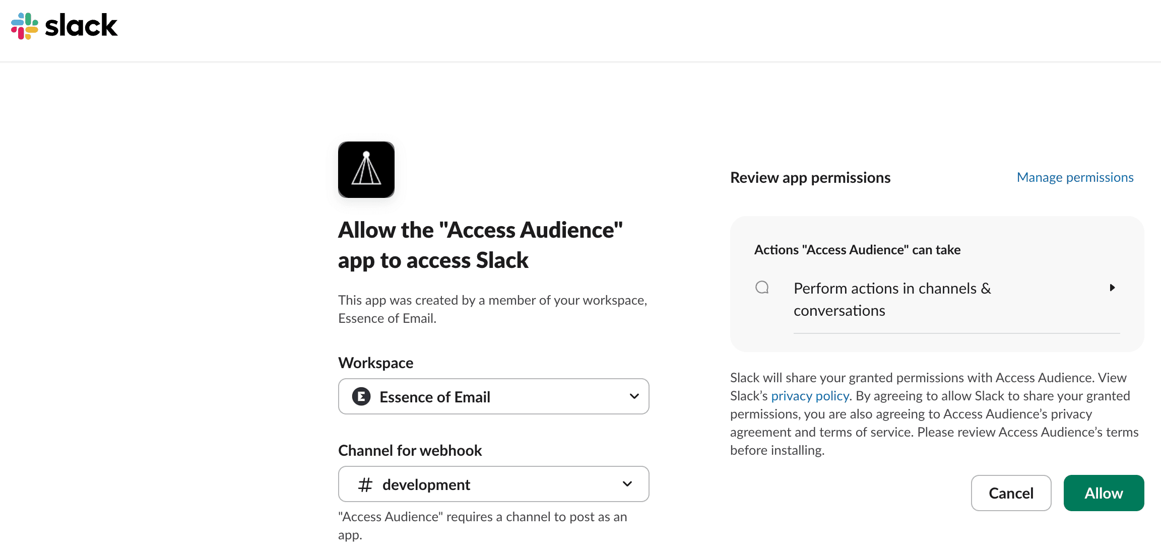 Slack OAuth screen for workspace admin showing channel selection
